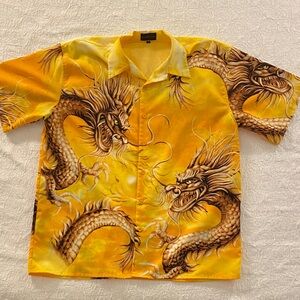 Brother Yellow Dragon Print Casual Button Down Shirt